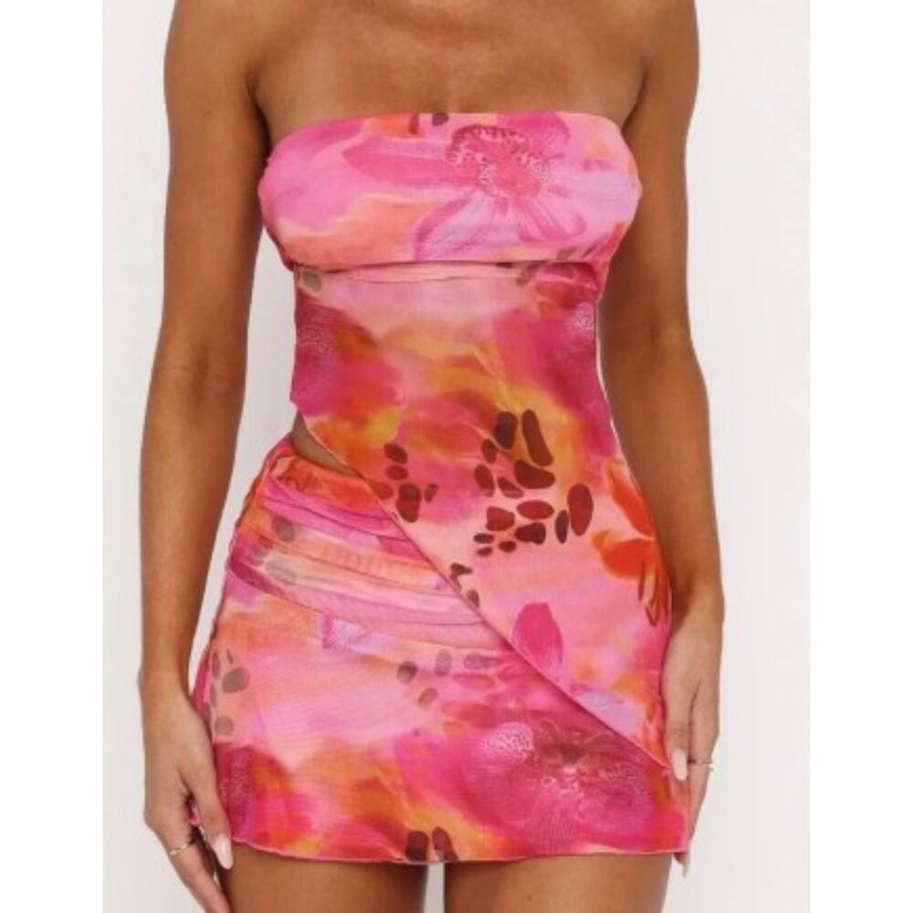 White Fox  Printed Draped Strapless Dress Size L NWT Pink Multi